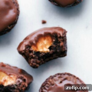 Fudgy Peanut Butter Brownie Morsels 2 A perfectly prepared Peanut Butter Brownie Bite with a bite taken out, showcasing the creamy peanut butter center.