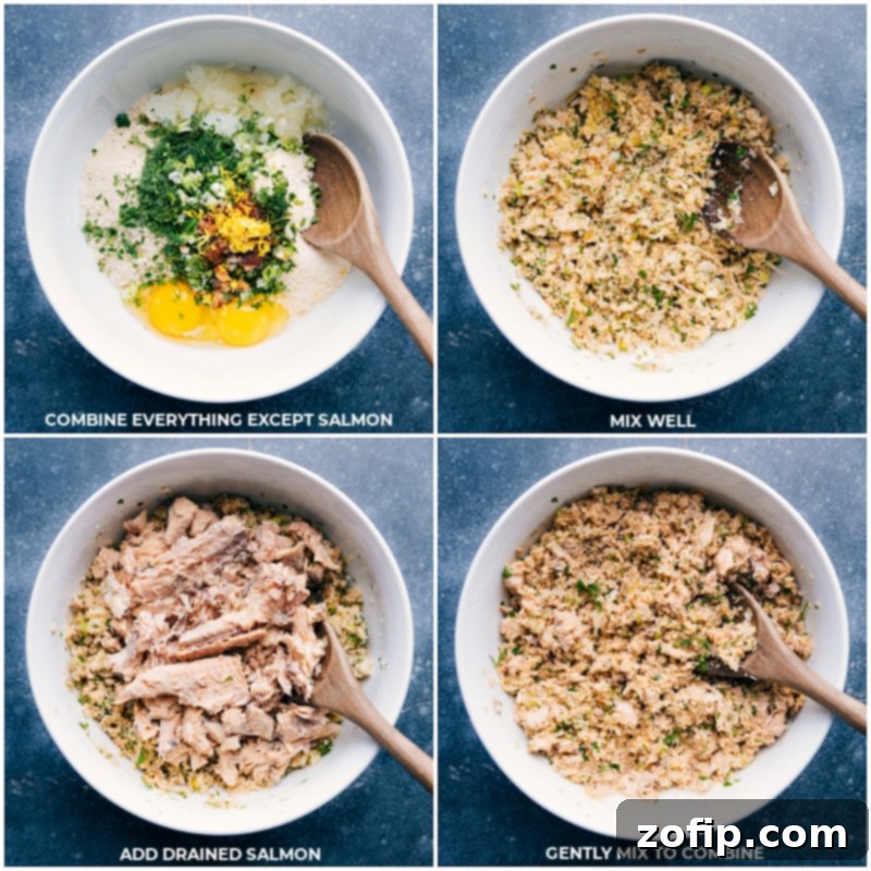 Process shot showing a large bowl filled with ingredients for salmon patties, including flaked salmon, panko breadcrumbs, chopped herbs, and grated Parmesan cheese, ready to be mixed.