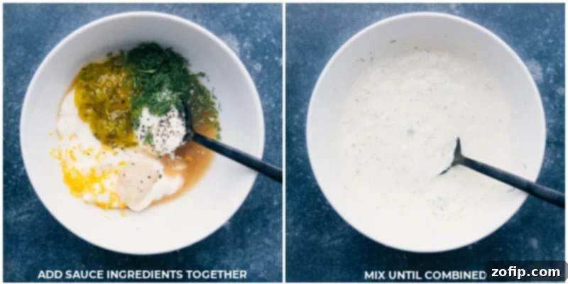 Process shot demonstrating the preparation of the lemon-dill tartar sauce, with various ingredients like mayonnaise, relish, fresh dill, and lemon being combined in a small bowl.