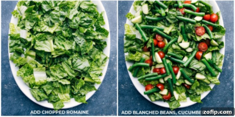 Vibrant Tuna Nicoise 4 Process shots showing fresh, crisp ingredients being added to a platter for Tuna Niçoise Salad, including chopped romaine lettuce, vibrant green beans, sliced cucumbers, and halved cherry tomatoes.