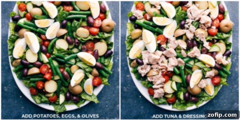 Vibrant Tuna Nicoise 5 Process shots showing the artful assembly of Tuna Niçoise Salad, with boiled potatoes, hard-boiled egg quarters, kalamata olives, flaked tuna, and a generous drizzle of lemon vinaigrette being added to the prepared platter.
