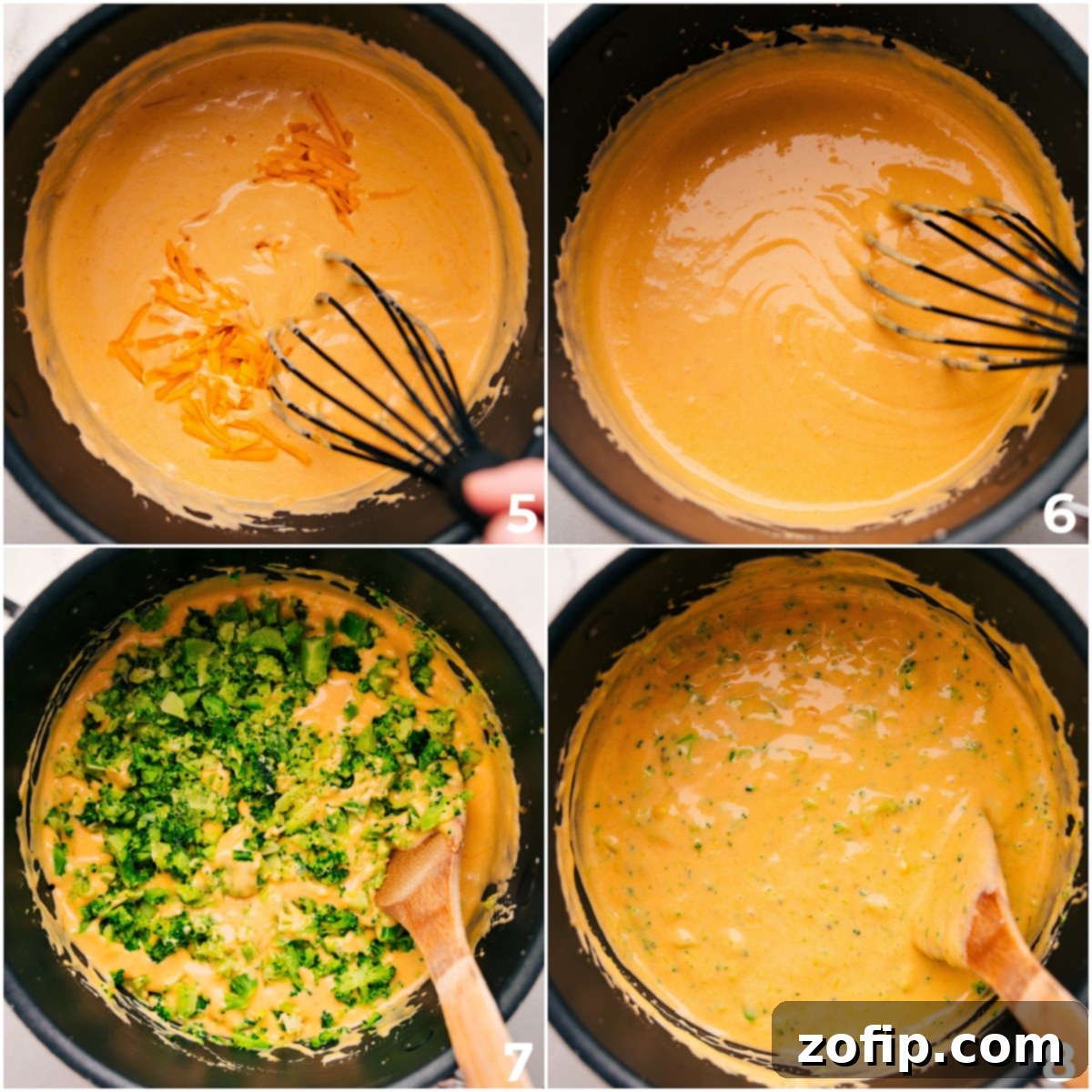 The Best Cheesy Sauce For Baked Potatoes: Perfection Achieved A close-up shot of a bubbling, creamy broccoli and cheese sauce being stirred in a pot, rich in texture and color, ready to be served over hot baked potatoes.