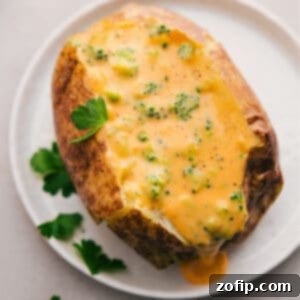 Cheesy Broccoli Stuffed Potatoes 2 A close-up of a perfectly prepared Broccoli and Cheese Baked Potato, showcasing the fluffy potato interior and the rich, green, cheesy sauce.