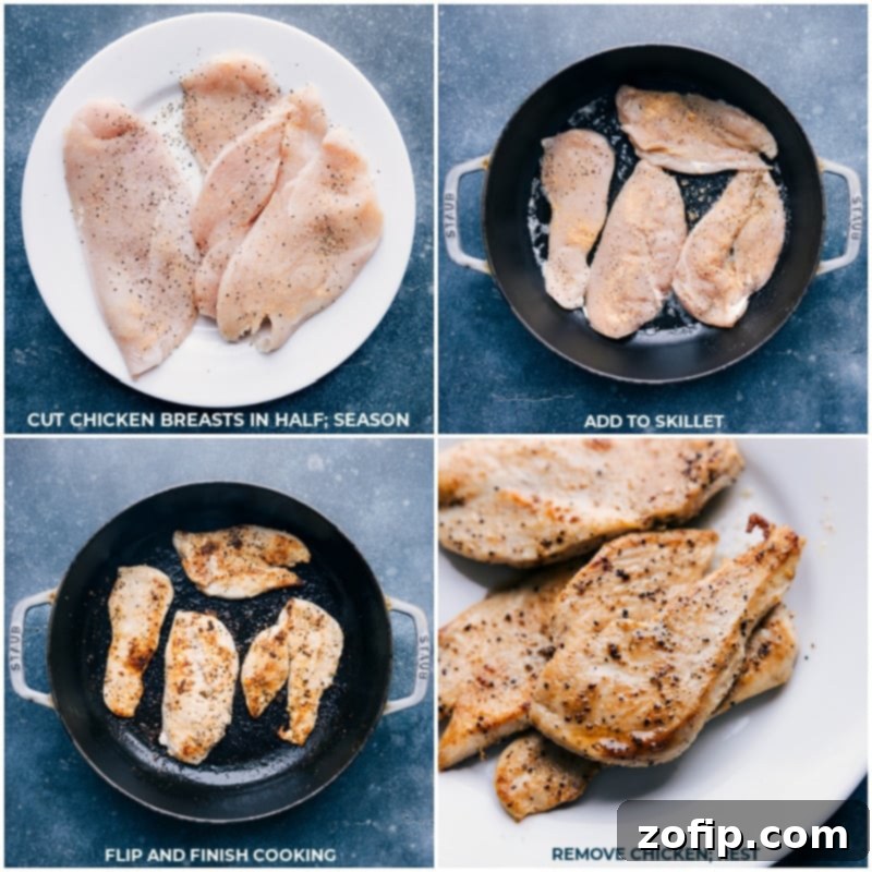 This delicious Buffalo Chicken Pasta packs a serious punch of flavor and is so easy to make thanks to some ingredient short-cuts. Quell your buffalo chicken cravings in under 30 minutes and all while getting loads of protein in! #dinner #quick #easy #simple #familyfriendly #kidfriendly #buffalo #chicken #pasta Process shots showing raw chicken breasts being seasoned and then seared in a pan, preparing them for the Buffalo Chicken Pasta dish.