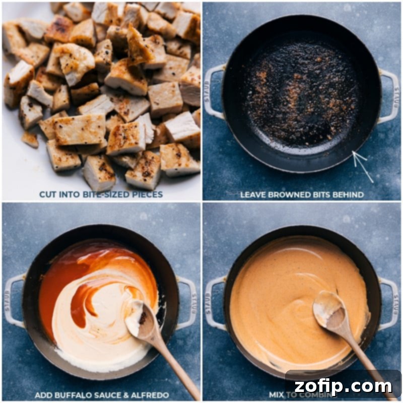 Quell your buffalo chicken cravings in under 30 minutes and all while getting loads of protein in! #dinner #quick #easy #simple #familyfriendly #kidfriendly #buffalo #chicken #pasta Step-by-step images: first, chicken breasts being sliced, then the creamy buffalo sauce being stirred in a pan.