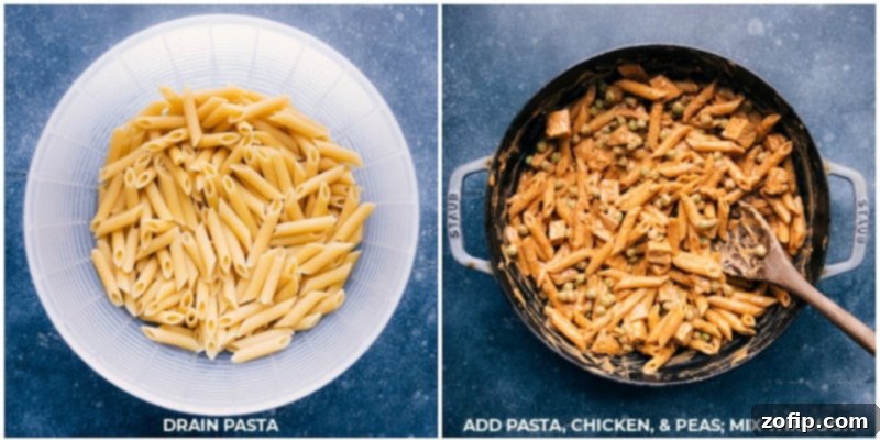 Our favorite Buffalo Chicken Pasta packs a serious punch of flavor and is so easy to make thanks to some ingredient short-cuts. Quell your buffalo chicken cravings in under 30 minutes and all while getting loads of protein in! #dinner #quick #easy #simple #familyfriendly #kidfriendly #buffalo #chicken #pasta Close-up process shot of cooked pasta being added into the pan with the creamy buffalo chicken sauce, ready to be tossed.