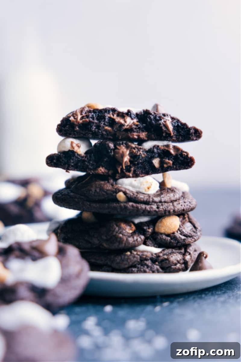 Rocky Road Cookies are fudge-y, sweet, and downright delicious! These irresistible cookies are packed with pools of melty chocolate, dry-roasted & lightly salted nuts, and gooey bites of marshmallow. A dream cookie for Rocky Road lovers! Recipe via ChelseasMessyApron #dessert #best #quick #easy #simple #treat #peaanuts #marshmallows #rockyroad #cookies A plate of freshly baked, fudgy Rocky Road Cookies, showcasing melted marshmallows, chocolate chips, and chopped peanuts.