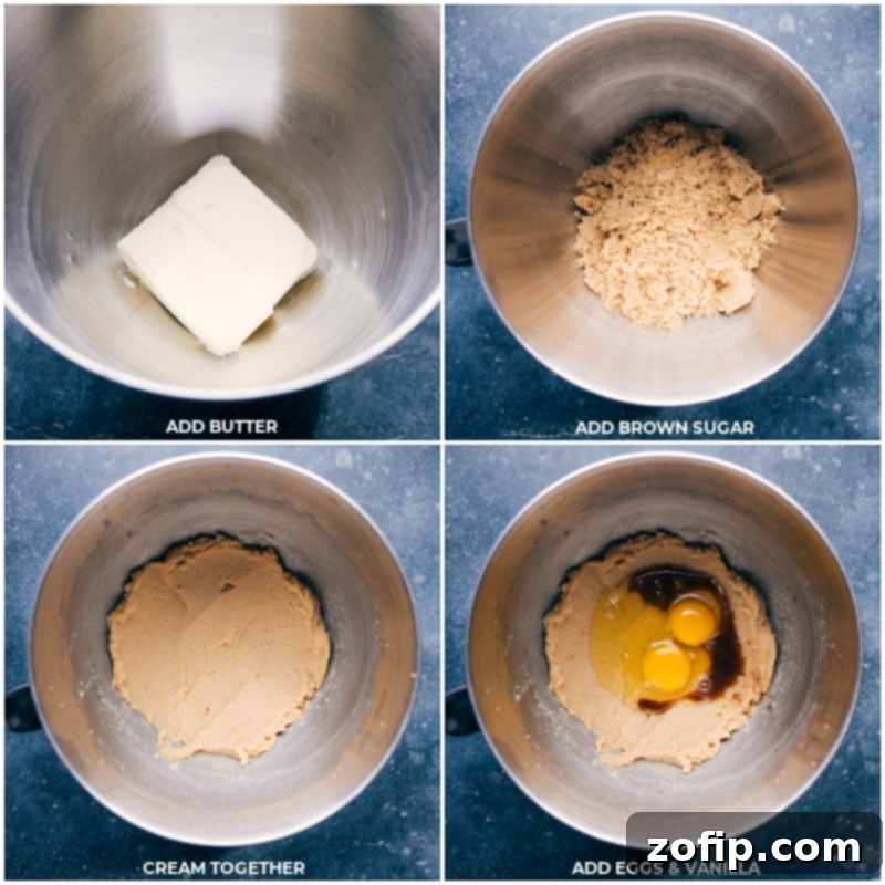 Rocky Road Cookies are fudge-y, sweet, and downright delicious! A dream cookie for Rocky Road lovers! Recipe via ChelseasMessyApron #dessert #best #quick #easy #simple #treat #peaanuts #marshmallows #rockyroad #cookies Process shots showing butter and brown sugar being creamed, followed by the addition of eggs and vanilla extract during cookie dough preparation.