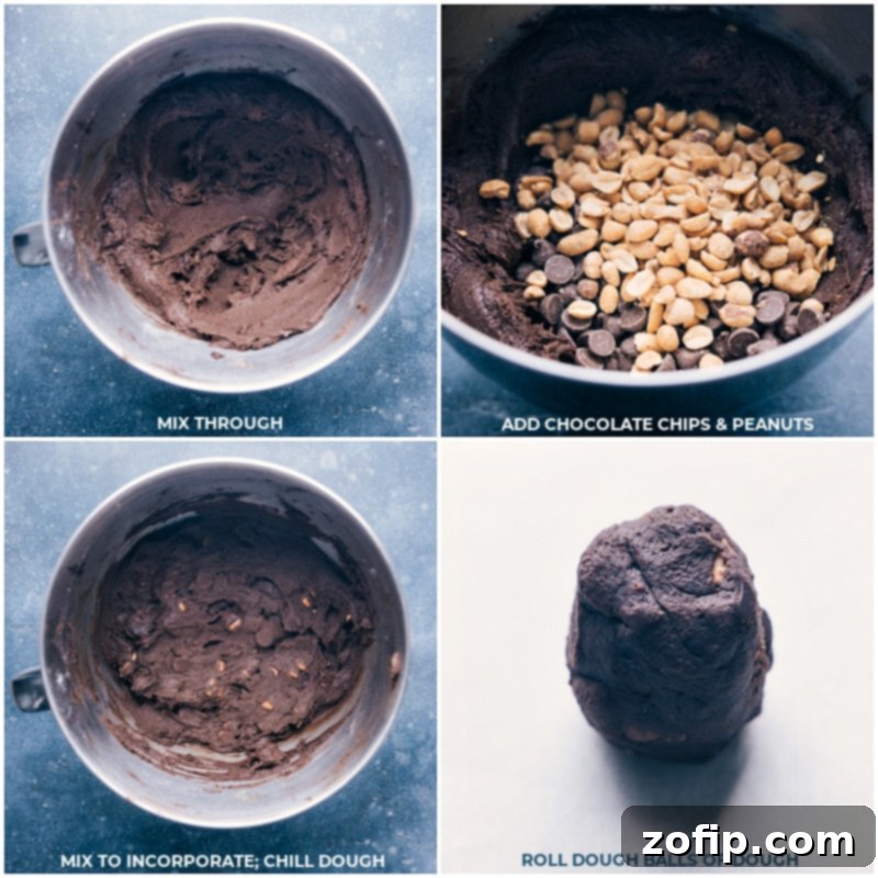 Rocky Road Cookies! These irresistible cookies are packed with pools of melty chocolate, dry-roasted & lightly salted nuts, and gooey bites of marshmallow. A dream cookie for Rocky Road lovers! Recipe via ChelseasMessyApron #dessert #best #quick #easy #simple #treat #peaanuts #marshmallows #rockyroad #cookies Rocky Road Cookies process shots: thoroughly mixing the dough, incorporating chocolate chips and peanuts, chilling the dough, then forming and rolling dough balls for baking.