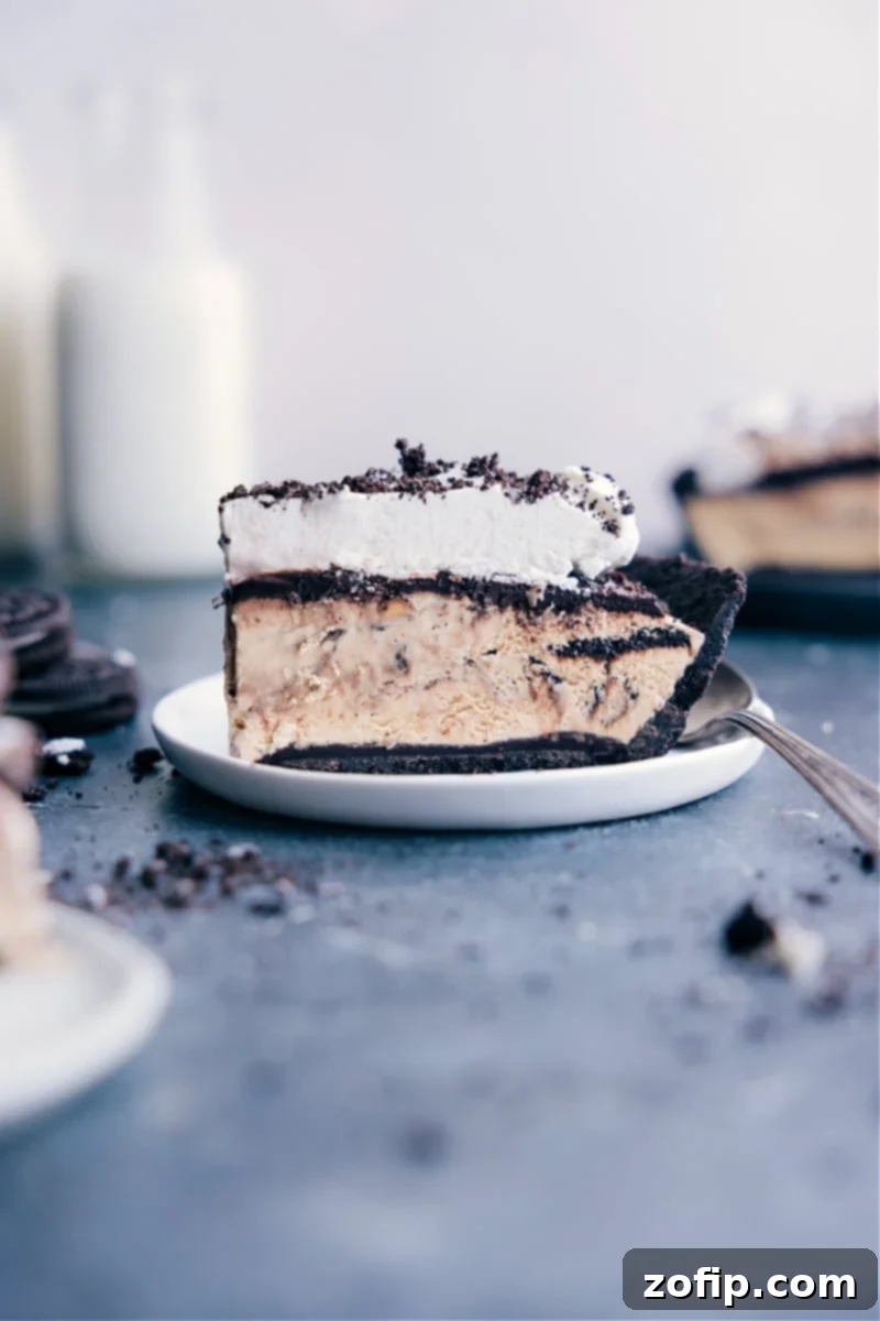 The Ultimate Mississippi Mud Pie: Chocolatey, Creamy, and Irresistible A delectable slice of Mississippi Mud Pie on a white plate, showcasing its distinct layers of chocolate crust, fudge, ice cream, and whipped cream.