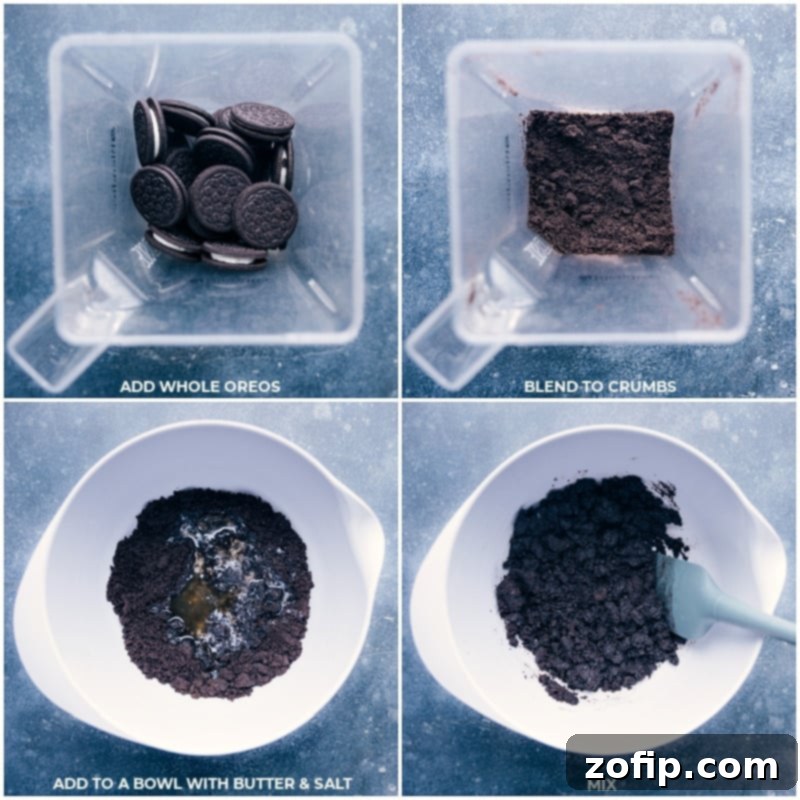 Crafting the Perfect Oreo Cookie Crust for Mississippi Mud Pie Process shots showing Oreos being blended into fine crumbs, followed by melted butter and salt being added and mixed to form the pie crust base.