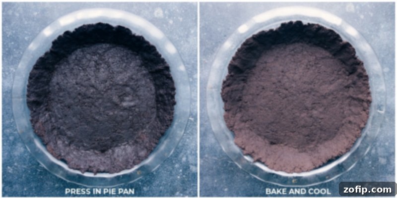 Baking the Crispy Oreo Pie Crust to Golden Perfection Process shots of the Mississippi Mud Pie creation, showing the chocolate cookie crust being perfectly formed and baked in a pie pan.