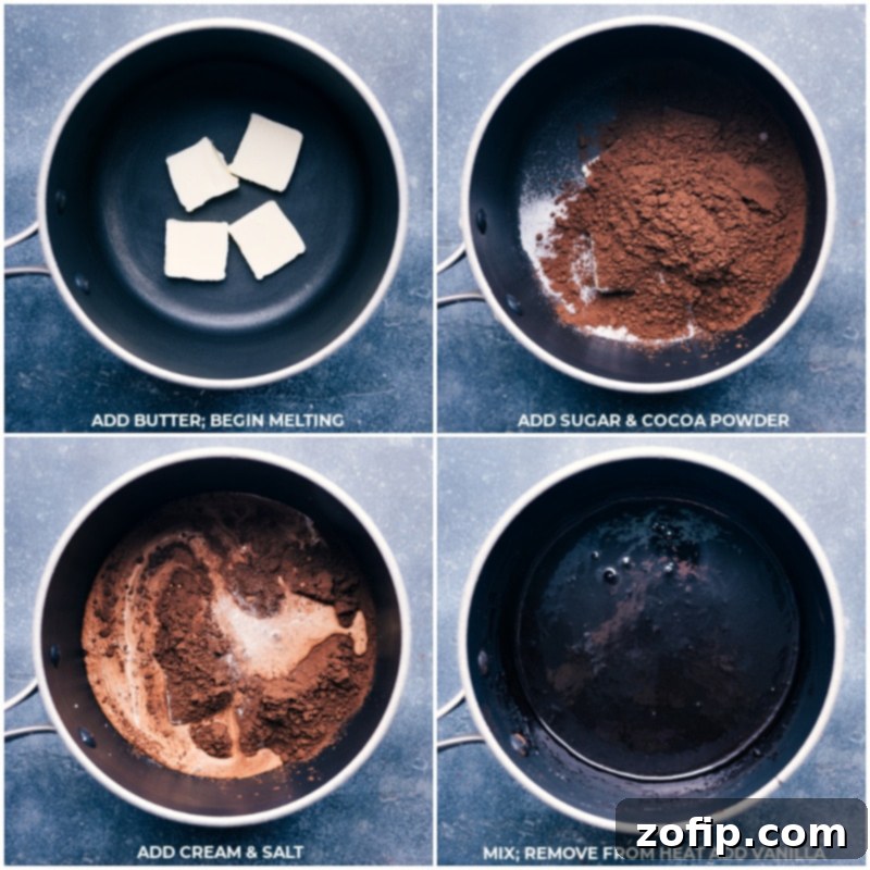 Crafting Silky Smooth Homemade Hot Fudge for Your Mud Pie Process shots detailing the creation of the rich hot fudge sauce, showing ingredients being melted and stirred in a medium pot.