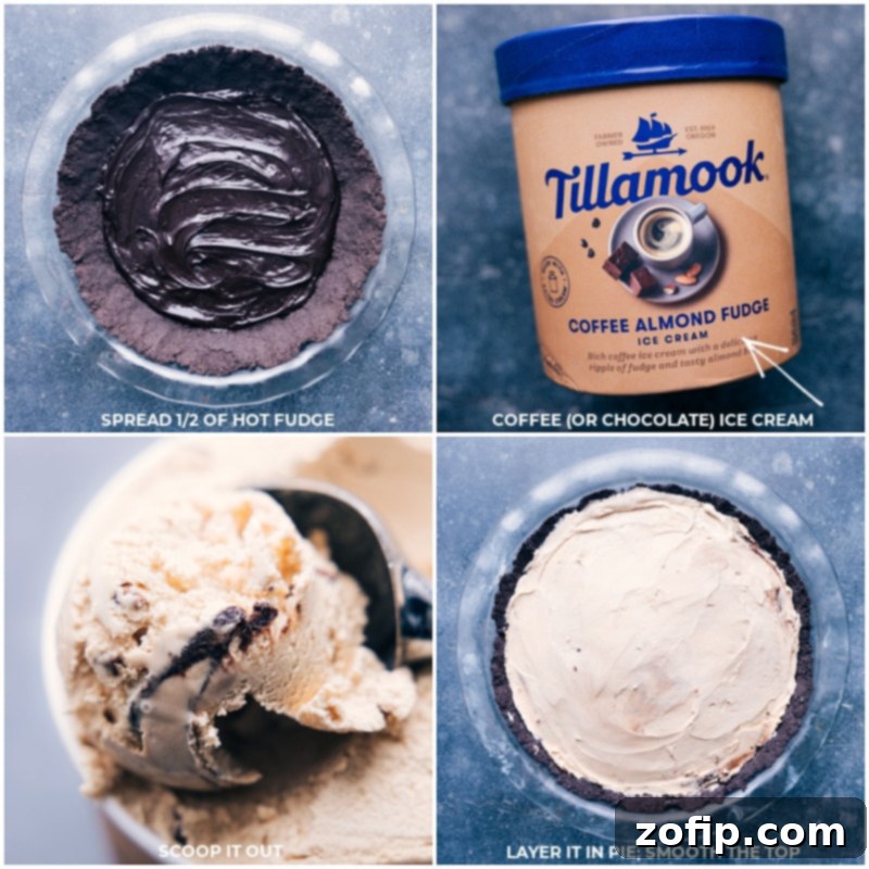 Assembling the Decadent Layers of Mississippi Mud Pie Mississippi Mud Pie process shots illustrating the careful layering of hot fudge, followed by scoops of ice cream, and then smoothing them together to create distinct, delicious layers.