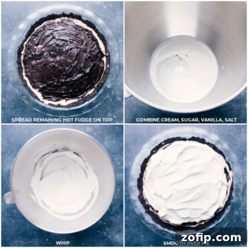 Finishing Touches: Whipped Cream and Oreo Crumbs on Mississippi Mud Pie Process shots showcasing the final stages of assembling the Mississippi Mud Pie, with all layers added and beautifully topped with fluffy whipped cream.