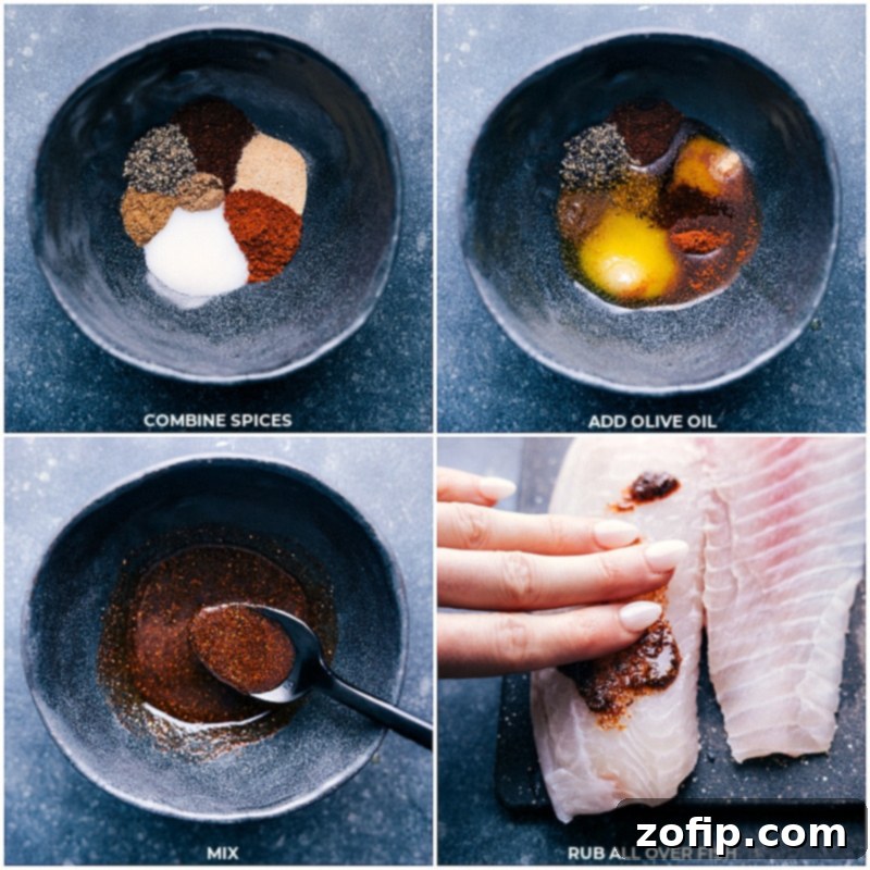 Process shot: Spices and olive oil being mixed together and then spread onto tilapia fillets.
