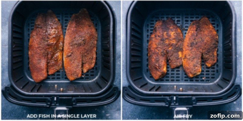 Process shot: Tilapia fillets cooking in the air fryer basket.