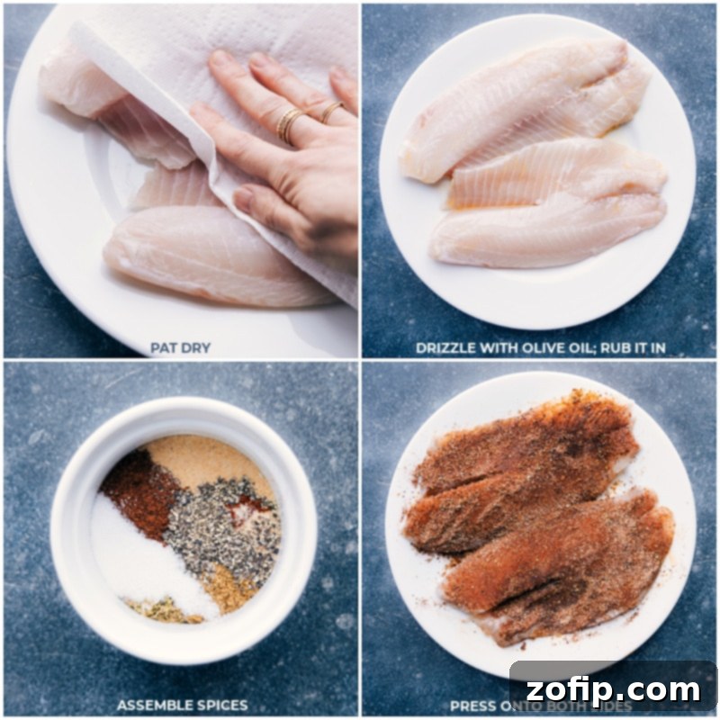 Process shots of seasoning tilapia fish fillets for tacos