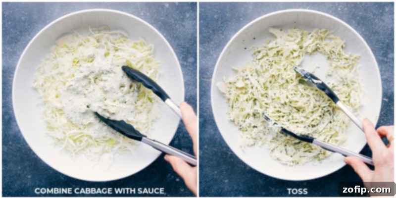 Process shots: mixing the cilantro-lime slaw for Tilapia Fish Tacos.