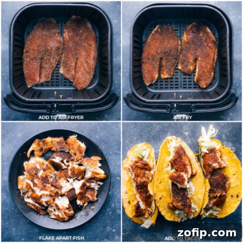 Process shots: Air frying tilapia fish and flaking it for tacos