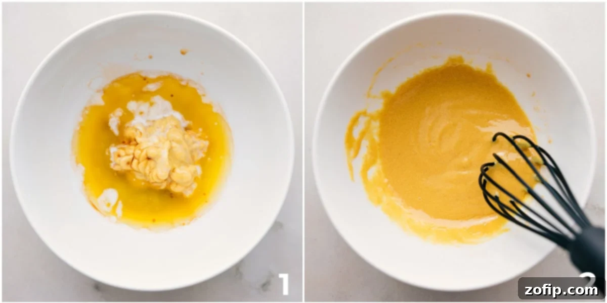 The savory Dijon mustard and Worcestershire sauce mixture being whisked in a bowl, ready to flavor the Hawaiian rolls for Cuban Sliders.