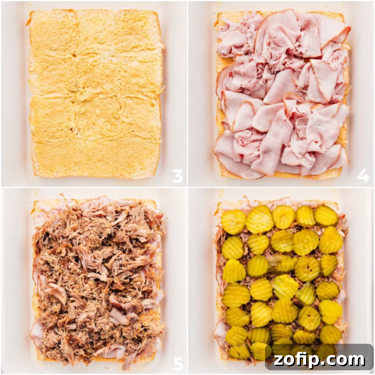 The process of layering ham, pulled pork, and pickles onto the bottom half of sweet Hawaiian rolls, preparing for baking delicious Cuban Sliders.