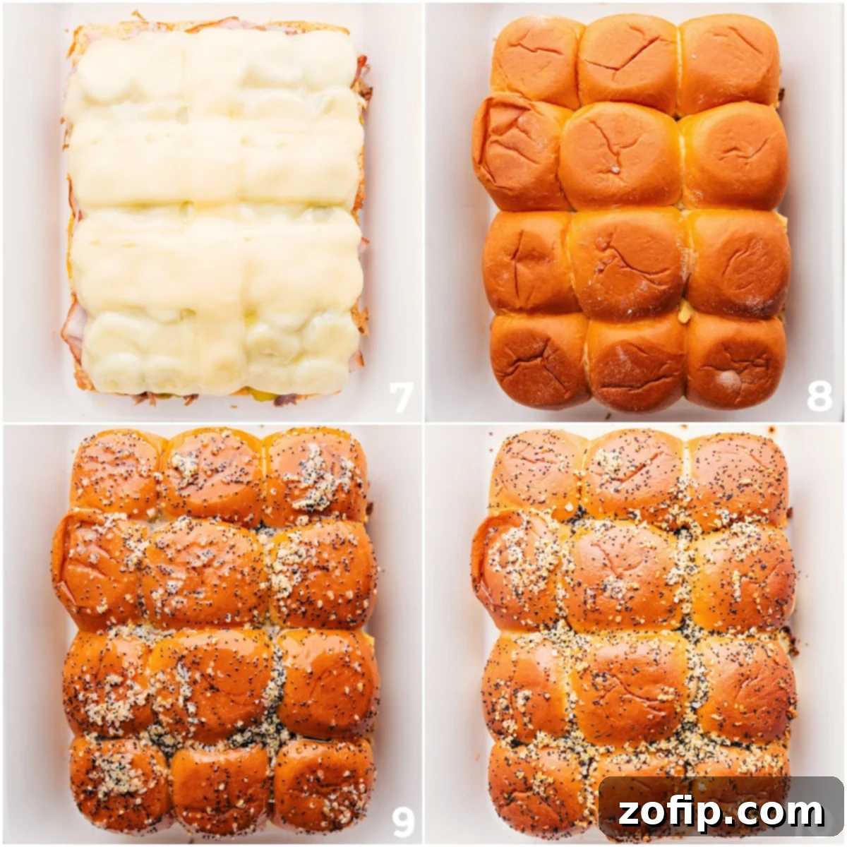 A close-up of Cuban Sliders baking in a dish, showing golden Hawaiian rolls brushed with butter and melted Swiss cheese oozing out, signifying they're perfectly cooked.