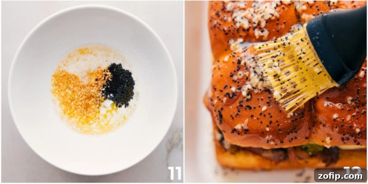 A small bowl of melted butter mixture with poppy seeds, minced garlic, and minced onion being whisked and brushed onto the tops of Hawaiian rolls for Cuban Sliders.