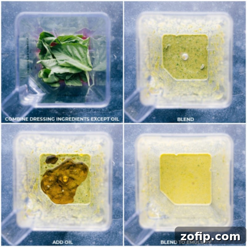 Making the Basil-Lime Vinaigrette for Quinoa Salad Step-by-step images showing basil, lime, garlic, and vinegar being added to a blender for the vinaigrette, then blended smooth with olive oil.