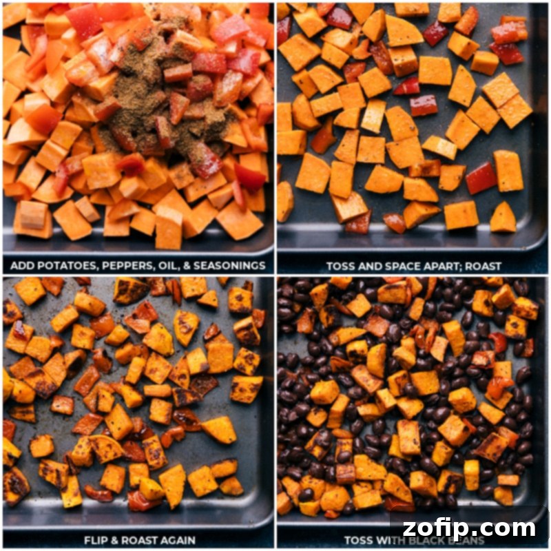 Preparing Roasted Vegetables for Quinoa Salad Process images showing diced sweet potatoes, red bell peppers, and seasonings being tossed with olive oil on a large baking sheet, followed by black beans being added after roasting.