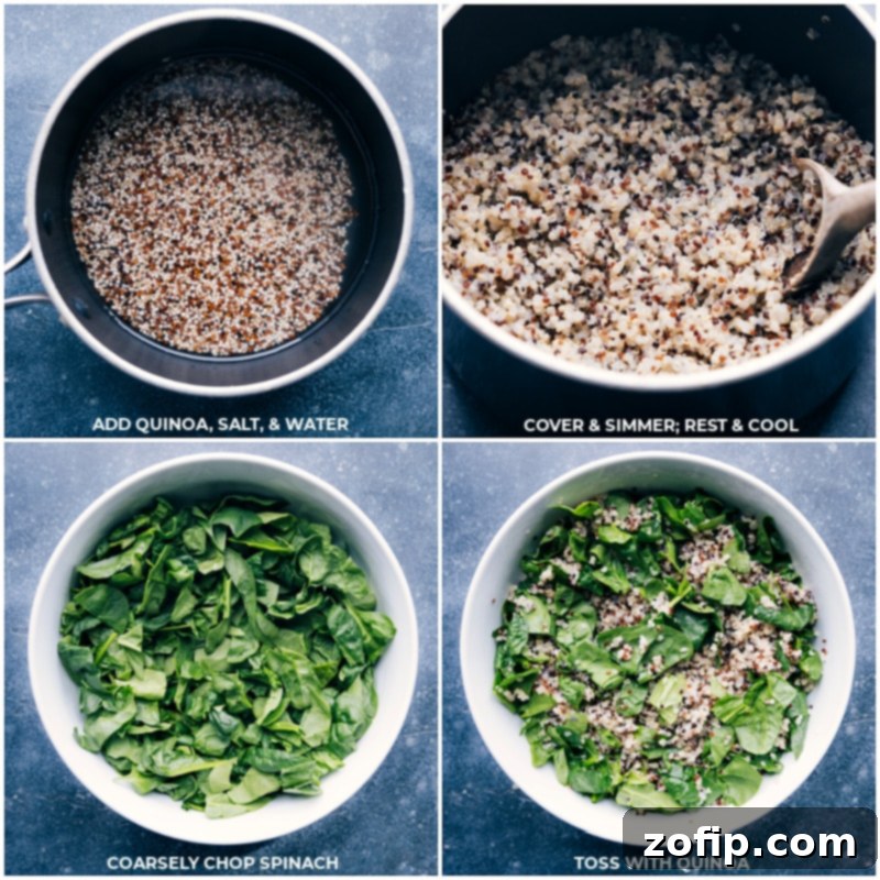 Cooking Quinoa and Preparing Spinach for Salad Process shots of quinoa being cooked in a pot and then tossed with chopped spinach in a large bowl.