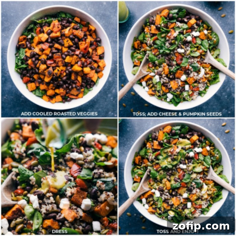 Assembling and Dressing the Quinoa Salad Final process shot of the Quinoa Salad with cooled roasted vegetables, black beans, crumbled goat cheese, and pumpkin seeds added, then drizzled generously with the basil-lime vinaigrette.