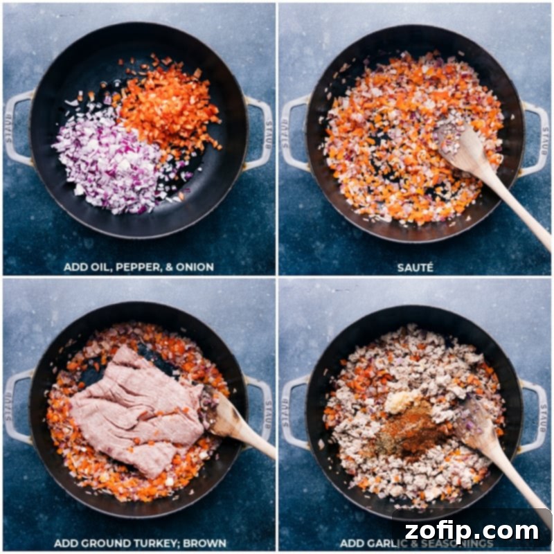 Process images showing diced red onion and bell pepper sautéing in a skillet, followed by ground turkey browning with seasonings.