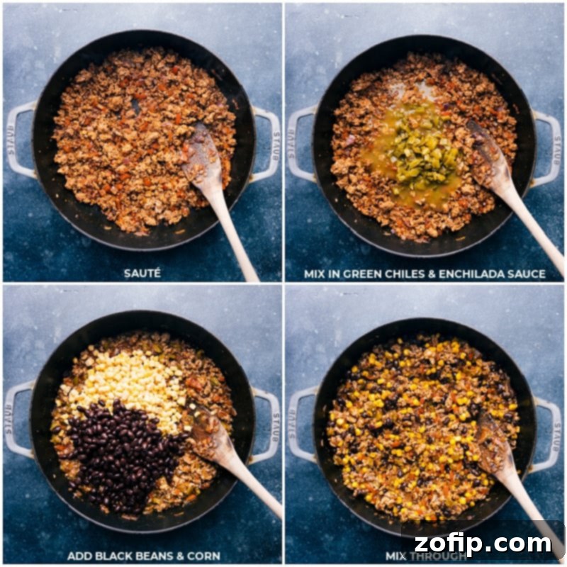 Process images showing fire-roasted green chiles, green enchilada sauce, black beans, and corn being added to the skillet.