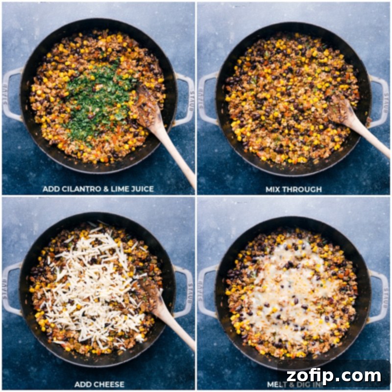 Process images showing fresh cilantro, lime juice, and shredded cheese being added to the Green Chile Ground Turkey skillet.