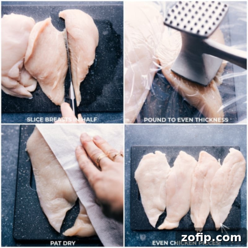 Process shots of chicken being prepped for fajitas