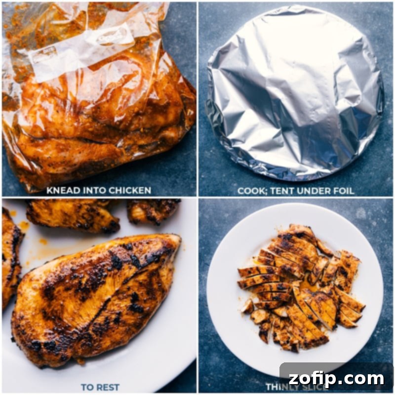 Process shots of grilling and slicing the Chicken Fajitas