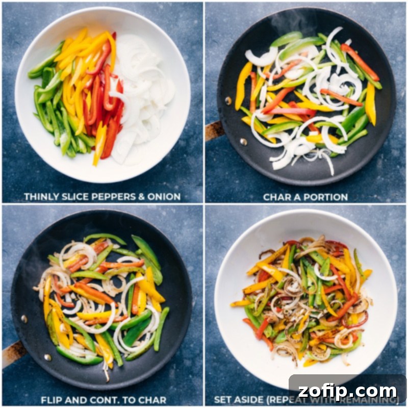 Process shots of bell peppers and onions being chopped and cooked