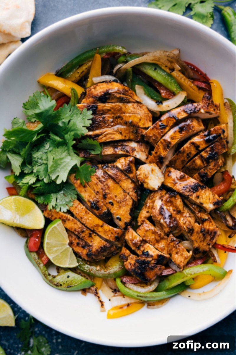 Overhead image of the assembled Chicken Fajitas in a skillet