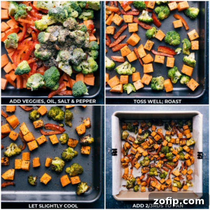 Process shots showing vegetables being chopped, tossed with olive oil and spices, and then spread on a baking sheet for roasting.