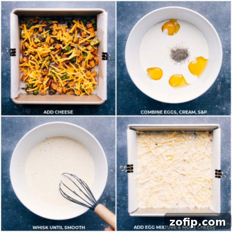 Process shots demonstrating adding cheese to the baking pan, then whisking the egg mixture and pouring it over the vegetables and cheese.
