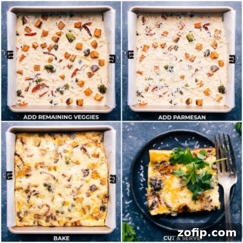 Process shots showing the remaining roasted vegetables being added to the frittata in the baking pan, followed by the frittata being baked in the oven until golden.