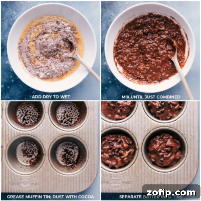 Process shots-- images of the wet and dry ingredients being mixed together and then aded into muffin tins