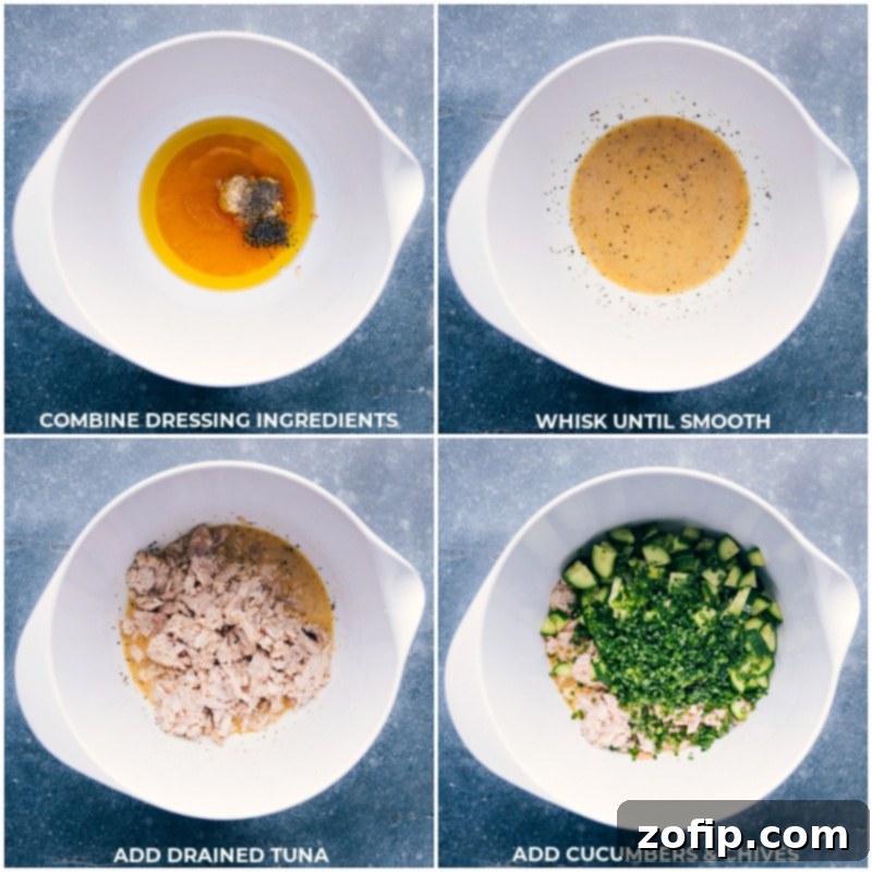 This Tuna Salad NO Mayo dish starts with olive oil-packed tuna, crisp cucumbers, creamy avocado, and garlicky chives dressed in a grainy mustard vinaigrette. This salad is fresh, vibrant, and nutritious. Recipe via ChelseasMessyApron #dinner #quick #easy #simple #best #fresh #cleaneating #cold #protein #familyfriendly #kidfriendly #tuna #salad #nomayo Process shots of the dressing ingredients being whisked together, followed by the addition of tuna, cucumbers, and chives.