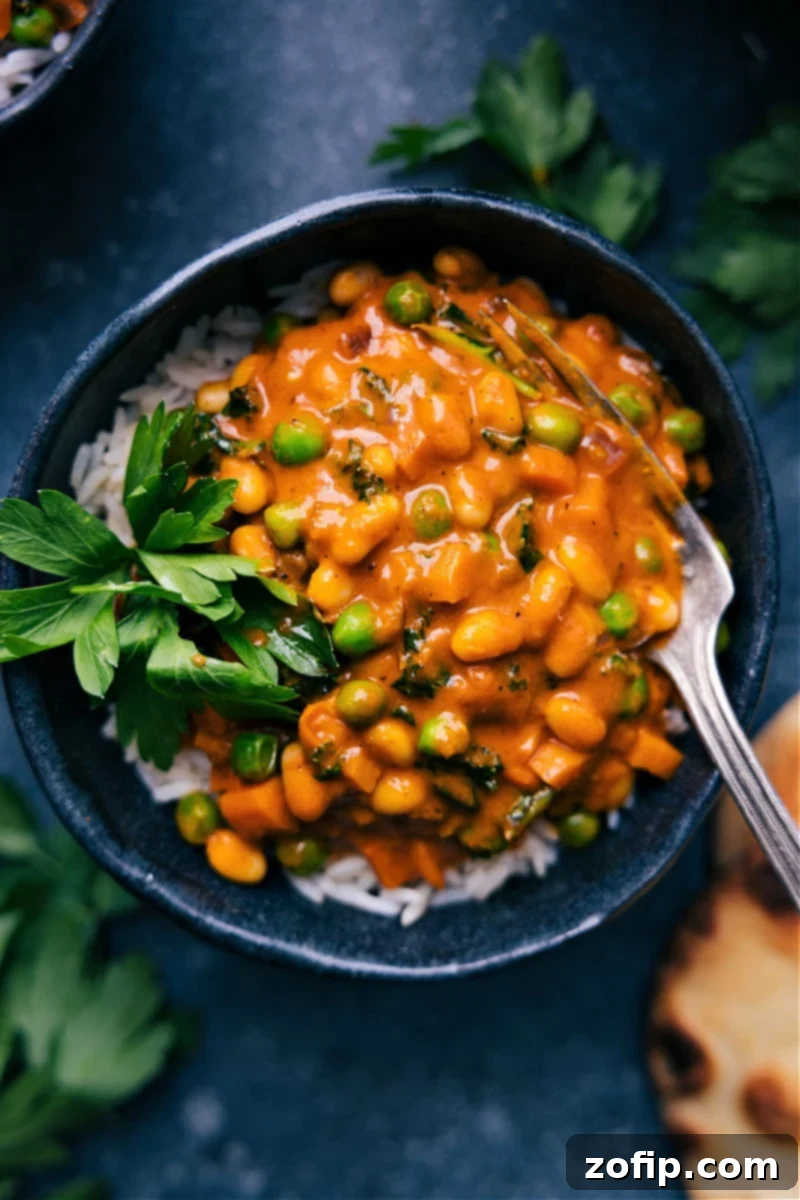 Quick Vegan Curry with red pepper coconut sauce, loaded with veggies. Recipe via ChelseasMessyApron #dinner #easy #simple #best #fresh #cleaneating #vegetarian #familyfriendly #kidfriendly #quick #vegan #curry Overhead image of a colorful and quick Vegan Curry served in a bowl, garnished with fresh herbs, ready to be enjoyed.