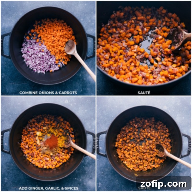 Process of making Quick Vegan Curry. Recipe via ChelseasMessyApron #dinner #easy #simple #best #fresh #cleaneating #vegetarian #familyfriendly #kidfriendly #quick #vegan #curry Detailed process shots showing onions and carrots being sautéed in a large pot, followed by the addition of aromatic ginger, garlic, and various spices, building the flavor base of the vegan curry.