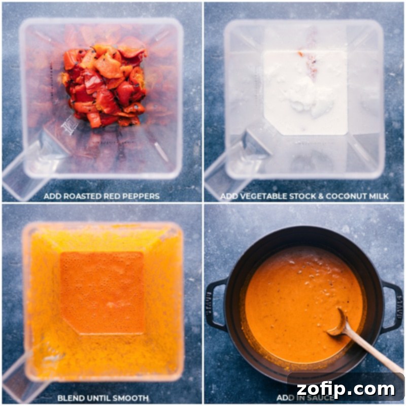 Quick Vegan Curry sauce preparation. Recipe via ChelseasMessyApron #dinner #easy #simple #best #fresh #cleaneating #vegetarian #familyfriendly #kidfriendly #quick #vegan #curry Process shots demonstrating how roasted red peppers, coconut milk, and vegetable stock are blended together to create a smooth, creamy sauce, which is then added to the sautéed vegetables in the pot.