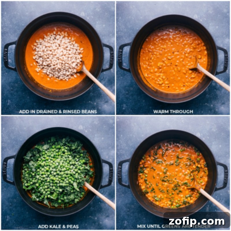Final steps for Quick Vegan Curry. Recipe via ChelseasMessyApron #dinner #easy #simple #best #fresh #cleaneating #vegetarian #familyfriendly #kidfriendly #quick #vegan #curry Process shots illustrating the final stages of the quick Vegan Curry, with navy beans being stirred into the sauce, followed by the addition of fresh kale and vibrant frozen peas, creating a wholesome and colorful dish.