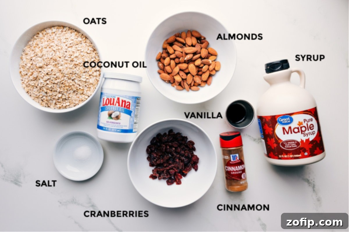 Neatly arranged ingredients for Easy Homemade Granola Recipe including coconut oil, oats, almonds, vanilla extract, maple syrup, cinnamon, dried cranberries, and a pinch of salt.