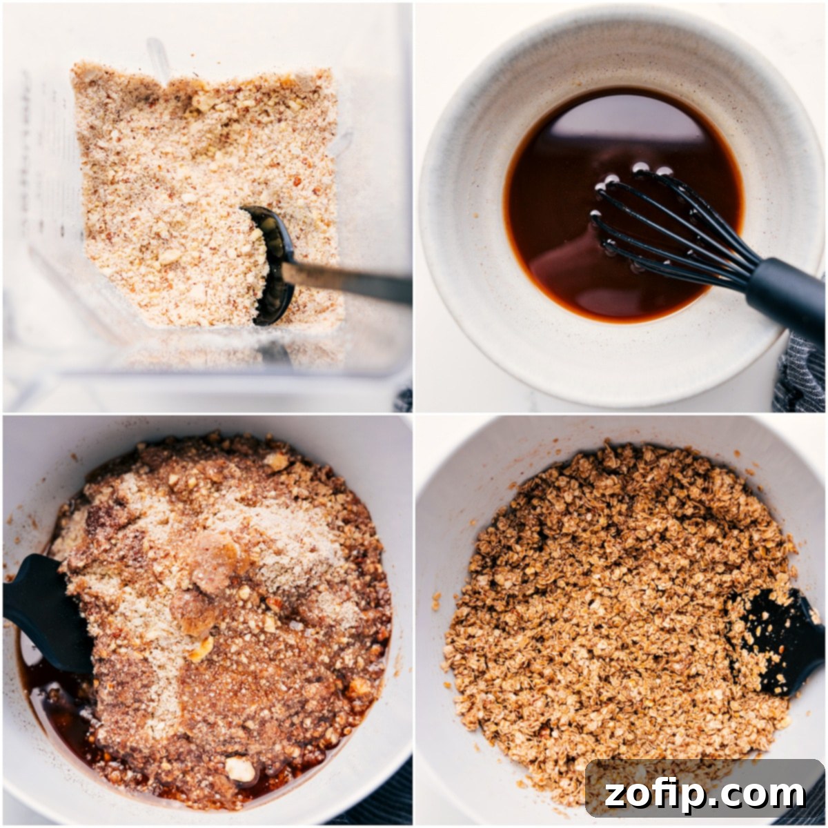 Step-by-step process of making Easy Homemade Granola: almonds are blended, wet ingredients are whisked, then everything is combined in a bowl before baking.